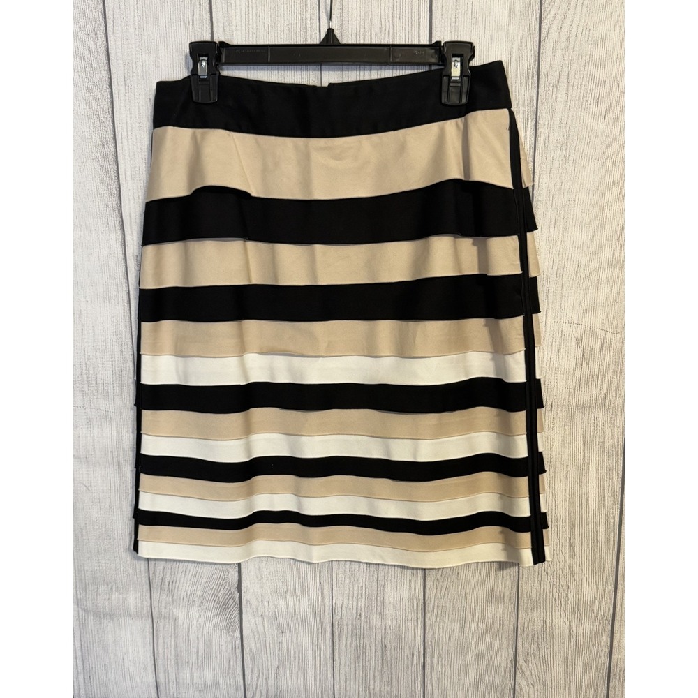 White House Black Market Women's 12 Skirt Tan Black Cream Tiered Cotton Blend EC